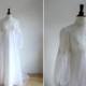 Vintage mid century bohemian long sleeved wedding gown / Bridal Originals white chiffon dress with lace bodice / 1960's high neck gown