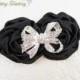 Black Flower Headband, Black Satin Rosette Duo w/ Rhinestone Bow Headband or Barrette, Photo Prop, Baby Toddler Child Girls Headband