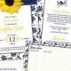 Sunflower Navy Blue Floral Ribbon Bridal Shower Invitation & Recipe Card Digital Printable