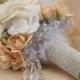 Bridal Bouquet in whites and creams Rhinestone bouquet cuff Groom boutonniere included