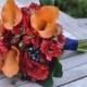 Vibrant Fall Wedding Bouquet, Keepsake Bouquet, Bridal Bouquet, made with Orange Calla Lily, Red Rose, Ranunculus & Blueberries.