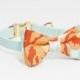 Adjustable Mint Seersucker Dog Collar with Floral Bow- Girl Dog Collar- Mint and Orange Dog Collar with Gold Tone Hardware