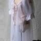1950's Soft Sheer White Tricot Long Lingerie Peignoir Set Style Robe with Lace Cap Sleeve Pink Bows & Rosebuds size Medium