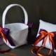 Lace wedding ring pillow and flower basket set with plum purple and orange ribbon bows