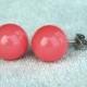 pink coral earrings,Glass Pearl earrings,6mm 8mm,10mm pink coral pearl earring,round pearl stud earrings,bridesmaid earrings,wedding Jewelry