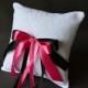 Lace wedding ring pillow with black and fuchsia satin ribbon bows