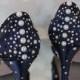 Custom Wedding Shoes -- Navy Blue Platform Peep Toe Wedding Shoes with Navy and Gold Crystal and Pearl Starburst
