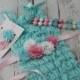 4pc Aqua Lace Romper Set - Romper Chunky Necklace Sash & Headband, 1st Birthday Outfit Cake Smash Set Flower Girl Dress Petti Lace Romper