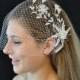 Bandeau 70 -- Veil Set w/ SILVER RHINESTONE FLOWER Hair Comb & Ivory or White Birdcage Blusher 9 Inch Veil for wedding bridal accessory
