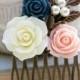 Flower Hair Comb, Wedding Hair Accessories, Floral Collage Comb, Ivory Cream Rose, Pearls Branch Leaf Leaves Pink Peach Rose Navy Blue