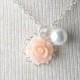Peach rose flower girl necklace - white pearl girl necklace - girl jewelry - flower and pearls necklace - peach wedding -flower girl jewelry