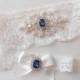 Wedding Garter Set Ivory or White Stretch Lace Bridal Garter MONOGRAM OPTION  With a Beautiful Blue Pearl and Rhinestone Diamond Setting