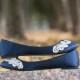 Wedding Flats - Navy Blue Wedding Flats/Bridal Shoes, Navy Flats, Navy Satin Flats with Ivory Lace. US Size 9