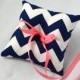 Navy blue chevron wedding ring pillow, YOU CHOOSE the ribbon color, shown in coral