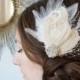 ARRI 3 --  Gorgeous Champagne, Ivory Peacock Feather Fascinator Wedding Bridal Hairpiece  w/ Vintage Style Rhinestones and Birdcage Veiling