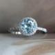 Halo Diamond and 7mm Round Aquamarine Engagement Ring 14k White Gold Wedding   Ring  Blue Aquamarine Ring Gemstone Ring