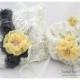Set of 2 Wedding Bridal Handmade Lace Ring Pillow and Basket Set Custom Bridal Bearer Brooch Flower Pillow Basket in Ivory, Yellow and Gray