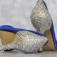 Wedding Shoes -- Royal Blue Peep Toe Wedding Shoes with Multi-Sized Silver Rhinestone Heel and Heel Cup
