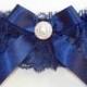 Navy Bridal Garter of Chantilly Lace Accented with a Navy Bow and Crystal Center, Incl. Satin Band Toss - The LAUREN Garter