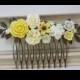 Yellow and Ivory flower and crystal hair comb, bridal hair comb, Resin rose hair comb, brass leave No. N34
