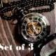 Set of 3 Black Magnifier Mechanical Pocket Watches with Watch Chains Groomsmen Gift Wedding Party Gift Grooms Corner Groomsman Keepsake