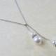 White gold pearl lariat necklace, Bridesmaid necklace, Wedding jewelry, Simple everyday necklace