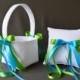 Lace wedding flower basket and ring pillow set with turquoise blue and apple green ribbon bows