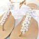 Bridal sandals- Greek leather sandals-Wedding sandals  decorated with white pearls and satin lace bow -White women flats- Bridesmaid sandals