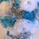 Reserved listing Wedding Bouquet Bridal Silk flowers Cascade TURQUOISE SILVER GRAY 38 pcs package decorations "Roses and Dreams"
