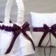 Deluxe Plum Purple Flower Girl Basket and Ring Bearer Pillow Set ~ Lace on Satin, Ruched Handle, Rhinestone Embellished Double Looped Bow
