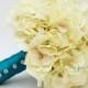 Reserved - Wedding Bouquet Cream Silk Hydrangea Teal Ribbon with Toss Bouquet - Ivory Teal - Groom's Boutonniere