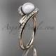 14k rose gold diamond leaf and vine, pearl wedding ring, engagement ring AP317