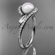 14k white gold diamond leaf and vine, pearl wedding ring, engagement ring AP317