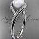 14kt white gold diamond pearl unique engagement ring, wedding ring AP383