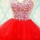 Sweetheart Ball Gown Red Rhinestone Short Prom Dress, Homecoming Dress - 24prom