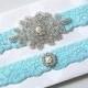 Pool Blue Wedding Garter Set - Bridal Garter Set - Keepsake and Toss Stretch Lace Garter Set With Rhinestones, Pearls - Wedding Garter Belt