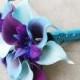 Silk Flower Wedding Bouquet - Purple Blue Calla Lilies and Orchids Natural Touch Silk Bridal Bouquet