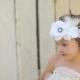 White Flower Girl Headband, Pearl Brooch, Feathers, Lace, Russian Veil, Custom