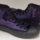 Ready to Ship WMNS Size 6.5 Sequin Dark Purple on All Black Converse Hi Top Sneakers Shoes