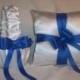 White Satin With Horizon Blue (Royal Blue) Ribbon Trim Flower Girl Basket And Ring Bearer Pillow