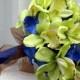 Wedding bouquet green orchids royal blue silk bridal flowers