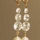Rhinestone and Swarovski Pearl Gold Clip On Earring, Clipon Earring, Long Dangle Earring, Wedding Earring, Bridal Earring, Clip Earring