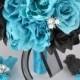 17 Piece Package Wedding Bridal Bride Maid Of Honor Bridesmaid Bouquet Boutonniere Corsage Silk Flower TURQUOISE BLACK "Lily Of Angeles"