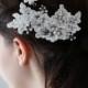 Ivory Lace Flower Bridal Wedding Hair Clip adorned with Rhinestones and Faux Glass Pearls