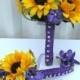 4 piece Wedding bouquet set Sunflower purple orchid silk wedding flowers