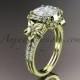 14kt yellow gold diamond floral wedding ring, engagement ring with cushion cut moissanite ADLR148