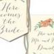 Double Sided Here Comes the Bride Ceremony Banner - Printed on Finished Canvas with Wooden Dowel and Ribbons