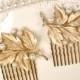TRIFARI Pearl Gold Leaf Bridal Hair Comb PAIR, Brushed Gold Leaf Head Piece, OOAK HairPiece Set 2 Woodland Rustic Wedding Accessory Clips