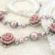 Powder Pink Swarovski Pearl Bracelet with Resin Roses - Dusty Pink Shabby Chic Jewelry - Resin Rose Bracelet Pink Victorian Wedding Jewelry