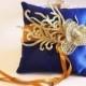 Royal Blue Gold Ring Pillow, Ring Pillow attach to the High quality Leather Collar, Ring Bearer Pillow, Pet wedding accessory